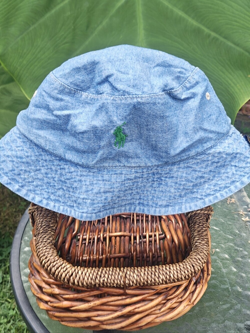 Vintage Polo by Ralph Lauren Light Blue Chambray Tropical Bucket Hat Reversible.